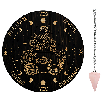 AHADEMAKER Dowsing Divination Supplies Kit, Including PVC Plastic Pendulum Board, 304 Stainless Steel Cable Chain Necklaces, Cone/Spike Natural Rose Quartz Stone Pendants, Cauldron Pattern, Board: 200x4mm