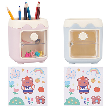 2 Sets 2 Colors Plastic Pen Holders, Piggy Make-up Brush Holders, Pig Pattern Desk Organizer, with Storage Grids & Random Style Stickers, Mixed Color, 107.5x115x100mm, 1 set/color