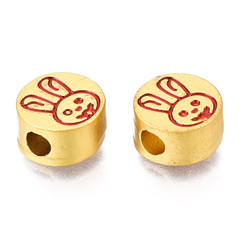 Alloy Enamel Beads, Matte Style, Cadmium Free & Lead Free, Flat Round with Rabbit, Red, 10x5.5mm, Hole: 3mm