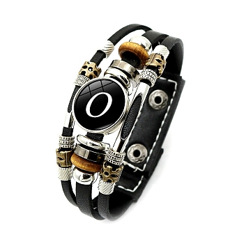 Braided Bead Bracelets, Leather Cord Multi-Strand Bracelets, Glass Letter Bracelet, Letter O, 8-1/8 inch(20.5cm)