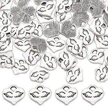100Pcs Tibetan Style Alloy Charms, Heart with Wing, Antique Silver, 9.5x10x1.5mm, Hole: 1.5mm