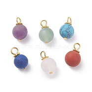 Frosted Natural & Synthetic Gemstone Charms, with Golden Tone Alloy & Iron Findings, Round, 13.5x8mm, Hole: 3mm(PALLOY-JF01386)