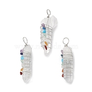 Raw Rough Natural Crystal Quartz Copper Wire Wrapped Big Pendants, Rock Crystal, Rock Crystal, Chakra Faceted Bullet Charms, Cadmium Free & Lead Free, Platinum, 59~63.5x12~22x12.5~15.5mm, Hole: 6~8mm(G-E593-01P)