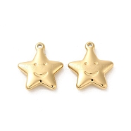 304 Stainless Steel Pendants, Star with Smiling Face Charm, Real 14K Gold Plated, 16.5x14.5x3.4mm, Hole: 1.4mm(STAS-L022-364G)