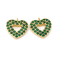 Brass Micro Pave Cubic Zirconia Charms, Heart, Golden, Green, 15x14.5x2.5mm, Hole: 1mm(KK-D160-62G-C)