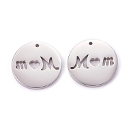Mother's Day 304 Stainless Steel Pendants, Flat Round with Hollow Word Mom, Stainless Steel Color, 20x1.3mm, Hole: 2mm(STAS-F261-05P)