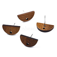 Walnut Wood Stud Earring Findings, with Hole and 304 Stainless Steel Pin, Half Round, Peru, 8x16mm, Hole: 1.6mm, Pin: 0.7mm(MAK-N032-012)