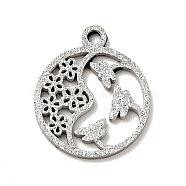 304 Stainless Steel Textured Pendants, Hollow, Flat Round with Dragonfly & Flower, Stainless Steel Color, 14x12x1mm, Hole: 1mm(STAS-J040-05B-P)