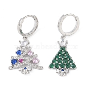 Christmas Tree Brass Pave Colorful Cubic Zirconia Dangle Asymmetrical Earrings, 304 Stainless Steel Huggie Hoop Earrings for Women, Platinum, 21~22x14.5~17mm(EJEW-M257-04A-G)