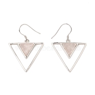 Natural Rose Quartz Triangle Dangle Earrings, Real Platinum Plated Rhodium Plated 925 Sterling Silver Earrings for Girl Women, 41x27.5mm(EJEW-Z024-10D-P)