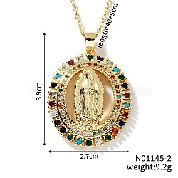 Brass Shiny Cubic Zirconia Virgin Mary Pendant Necklaces, Fashion Hip-hop Rock Jewelry Accessory, Golden, Colorful, 15.75 inch(40cm)(CU2155-2)