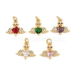 Brass Micro Pave Cubic Zirconia Charms, Heart with Wing Charms, Real 18K Gold Plated, Mixed Color, 10x12x3.5mm, Hole: 2.3mm(KK-Q085-11G)