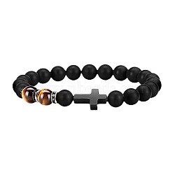 Cross Natural Obsidian & Dyed Tiger Eye Stretch Bracelet, Yellow(HU1552-4)