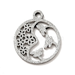 Non-Tarnish 304 Stainless Steel Textured Pendants, Hollow, Flat Round with Dragonfly & Flower, Stainless Steel Color, 14x12x1mm, Hole: 1mm(STAS-J040-05B-P)