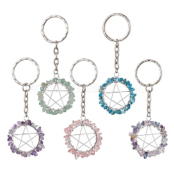 Gemstone Pendants Keychain, with Iron Clasp Finding, Ring with Star, 85~90mm(KEYC-JKC00732)