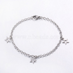 304 Stainless Steel Charm Bracelets, Star, with Lobster Clasp, Stainless Steel Color, 7-7/8 inch(19~20cm), 3mm(BJEW-G475-01P)