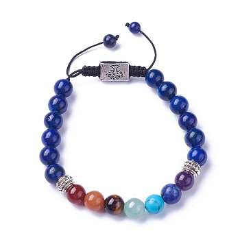 Chakra Jewelry, Natural & Synthetic Mixed Stone Braided Bead Bracelets, with Natural Lapis Lazuli, Alloy Findings and Nylon Cord, Rectangle with Tree, 52~76mm
