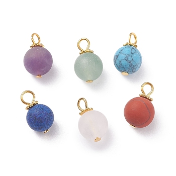 Frosted Natural & Synthetic Gemstone Charms, with Golden Tone Alloy & Iron Findings, Round, 13.5x8mm, Hole: 3mm