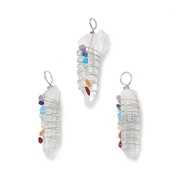 Raw Rough Natural Crystal Quartz Copper Wire Wrapped Big Pendants, Rock Crystal, Rock Crystal, Chakra Faceted Bullet Charms, Cadmium Free & Lead Free, Platinum, 59~63.5x12~22x12.5~15.5mm, Hole: 6~8mm