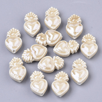 Handmade Porcelain Beads, Bright Glazed Porcelain Style, Heart, Tan, 16x10.5x6.5mm, Hole: 1.2mm