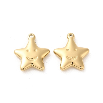 304 Stainless Steel Pendants, Star with Smiling Face Charm, Real 14K Gold Plated, 16.5x14.5x3.4mm, Hole: 1.4mm
