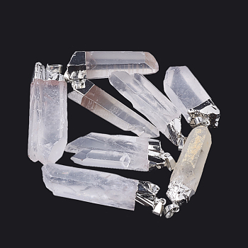 Natural Quartz Crystal Pointed Pendants, Rock Crystal Pendants, with Iron Findings, Plated Platinum, Nuggets, 38~60x14~20x9~13mm, Hole: 7x3mm