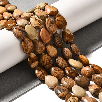 Natural Picture Jasper Beads Strands, Teardrop, 13.5~14x10~10.5x5mm, Hole: 1mm, about 27~28pcs/strand, 37.3~38.3cm