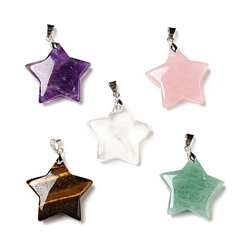 Natural Mixed Gemstone Pendants, with Platinum Tone Brass Findings, Star Charm, 29x30x8mm, Hole: 6x4mm