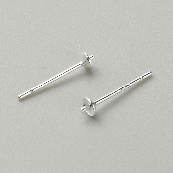 925 Sterling Silver Pearl Cup Stud Earring Findings, Earring Posts for Half Drilled Beads, Silver, 13x3mm, Pin: 0.8mm and 0.9mm