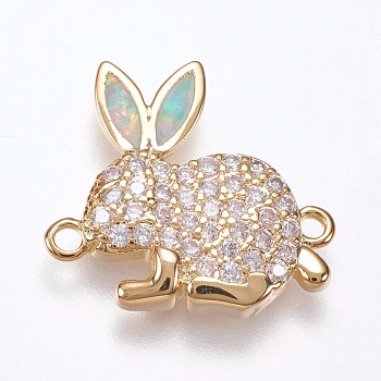 Brass Micro Pave Cubic Zirconia Bunny Links connectors, with Synthetic Opal, Rabbit Findings, Golden, Champagne Yellow, 15x16.5x2.5mm, Hole: 1.2mm