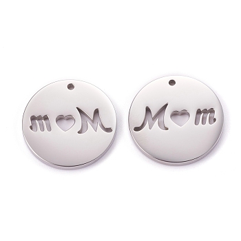 Mother's Day 304 Stainless Steel Pendants, Flat Round with Hollow Word Mom, Stainless Steel Color, 20x1.3mm, Hole: 2mm