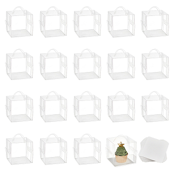 Foldable Square Transparent PET Carrier Cupcake Boxes, Single Cake Containers for 3 Inch Cake, with Paper Mat and Handle, for Wedding, Birthday Party, Baby Showers Favors, Clear, Finish Product: 11x11x11cm