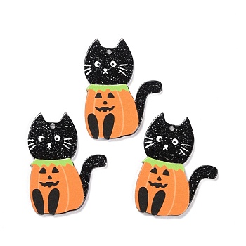 Acrylic Pendants, for Halloween, Cat, Black, 39x30x2mm, Hole: 1.5mm