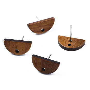 Walnut Wood Stud Earring Findings, with Hole and 304 Stainless Steel Pin, Half Round, Peru, 8x16mm, Hole: 1.6mm, Pin: 0.7mm