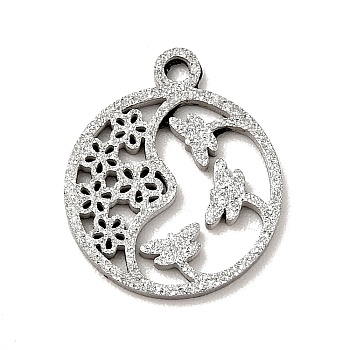 304 Stainless Steel Textured Pendants, Hollow, Flat Round with Dragonfly & Flower, Stainless Steel Color, 14x12x1mm, Hole: 1mm