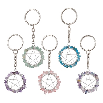 Gemstone Pendants Keychain, with Iron Clasp Finding, Ring with Star, 85~90mm