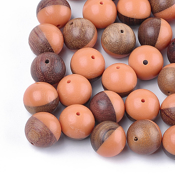 Resin & Walnut Wood Beads, Round, Light Salmon, 15~15.5mm, Hole: 1.6mm