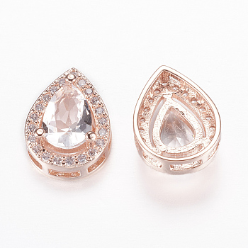 Brass Micro Pave Cubic Zirconia Slide Charms, Rack Plating & Long-Lasting Plated, Cadmium Free & Nickel Free & Lead Free, Real Rose Gold Plated, teardrop, 16x12x7.5mm, Hole: 1.5x2~6mm