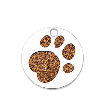 Enamel Pendants, with Platinum Plated Alloy Findings and Glitter Powder, Flat Round with Dog Paw Prints, Goldenrod, 25x1.7mm, Hole: 2.6mm