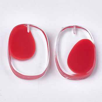 Resin Beads, with Shell Chip, Half Drilled, Oval, Red, 30x21x6mm, Half Hole: 1.2mm