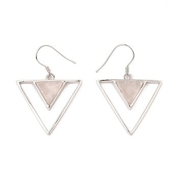 Natural Rose Quartz Triangle Dangle Earrings, Real Platinum Plated Rhodium Plated 925 Sterling Silver Earrings for Girl Women, 41x27.5mm
