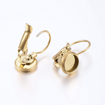 Ion Plating(IP) 304 Stainless Steel Leverback Earring Findings, Flat Round, Golden, Tray: 10mm, 20x12mm, Pin: 0.8mm