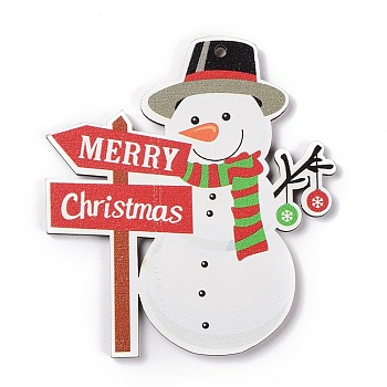 Christmas Wood Big Pendants, Snowman with Word Merry Christmas, Colorful, 90x80x3.5mm, Hole: 3mm