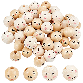 Elite 52Pcs 2 Style Spray Painted Natural Wood Beads, Large Hole Beads, Round with Smile Face, Mixed Color, 21.5~25x20.5~23.5mm, Hole: 4.5~5.5mm, 26pcs/style