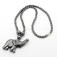 Trendy Men's Non-Magnetic Synthetic Hematite Beaded Necklaces, Magnetic Elephant Pendant Necklaces, with Brass Magnetic Clasps, Black, 17.5 inch(X-NJEW-M002-21)