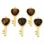 Natural Tiger Eye Gemstone Pendants, with Light Gold Plated Brass Findings, Key with Heart Charm, 38x17x6.5~7mm, Hole: 1.8mm(G-N326-158-08)