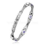 SHEGRACE Stainless Steel Panther Chain Watch Band Bracelets, with Rhinestone and Watch Band Clasps, Stainless Steel Color, Tanzanite, 7-1/2 inch(19cm)(JB676C)