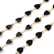 Handmade Alloy Enamel Heart Link Chains, with Spool, Soldered, Long-Lasting Plated, Lead Free & Cadmium Free, Golden, Black, 12x8.5x2mm, about 16.4 Feet(5m)/roll(ENAM-F138-02D-01-RS)