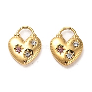 304 Stainless Steel Pendants, with Rhinestone, Heart Padlock Charms, Real 14K Gold Plated, 17.5x14x4mm, Hole: 5.5x5.5mm(STAS-L022-084G)