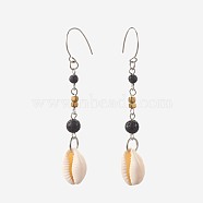 Round Natural Lava Rock Dangle Earrings, with Cowrie Shell, Electroplate Non-magnetic Hematite Beads and 304 Stainless Steel Earring Hooks, Stainless Steel Color, 74~76mm, Pin: 0.7mm(EJEW-JE02908-03)